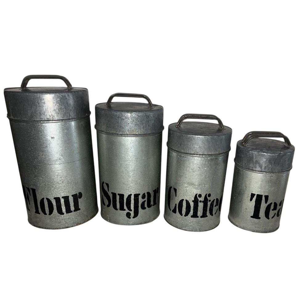 Kitchen Canisters Set Of 4 Glavanized Metal Vandor Japan Vintage Farmhouse *flaw